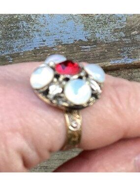 Vintage Ornate Faux Opal and Red Rhinestone Gold Tone Adjustable Cocktail Ring